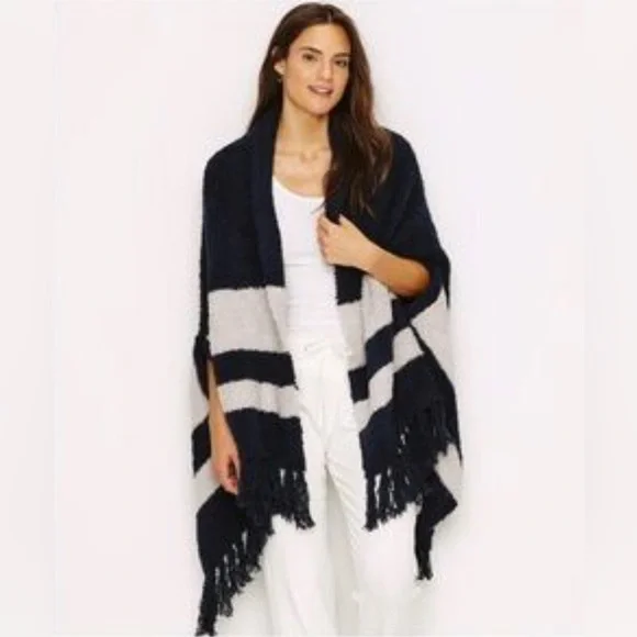 Barefoot Dreams Cozychic Malibu Wrap Indigo/Oyster Stripe OS - Picture 2 of 13